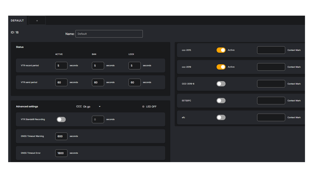 A settings interface with options for configuring various parameters such as VTR record period, OIM5 Timeout Mark, CCC blink up, and LED off. Toggle switches indicate activation status, and numerical fields allow for time settings in seconds. The theme is dark mode.